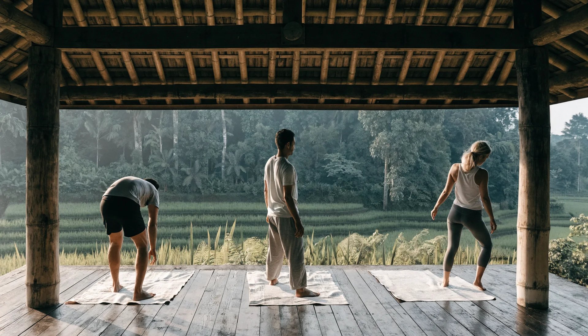 A small group moving together in an open-air pavilion above Bali rice fields