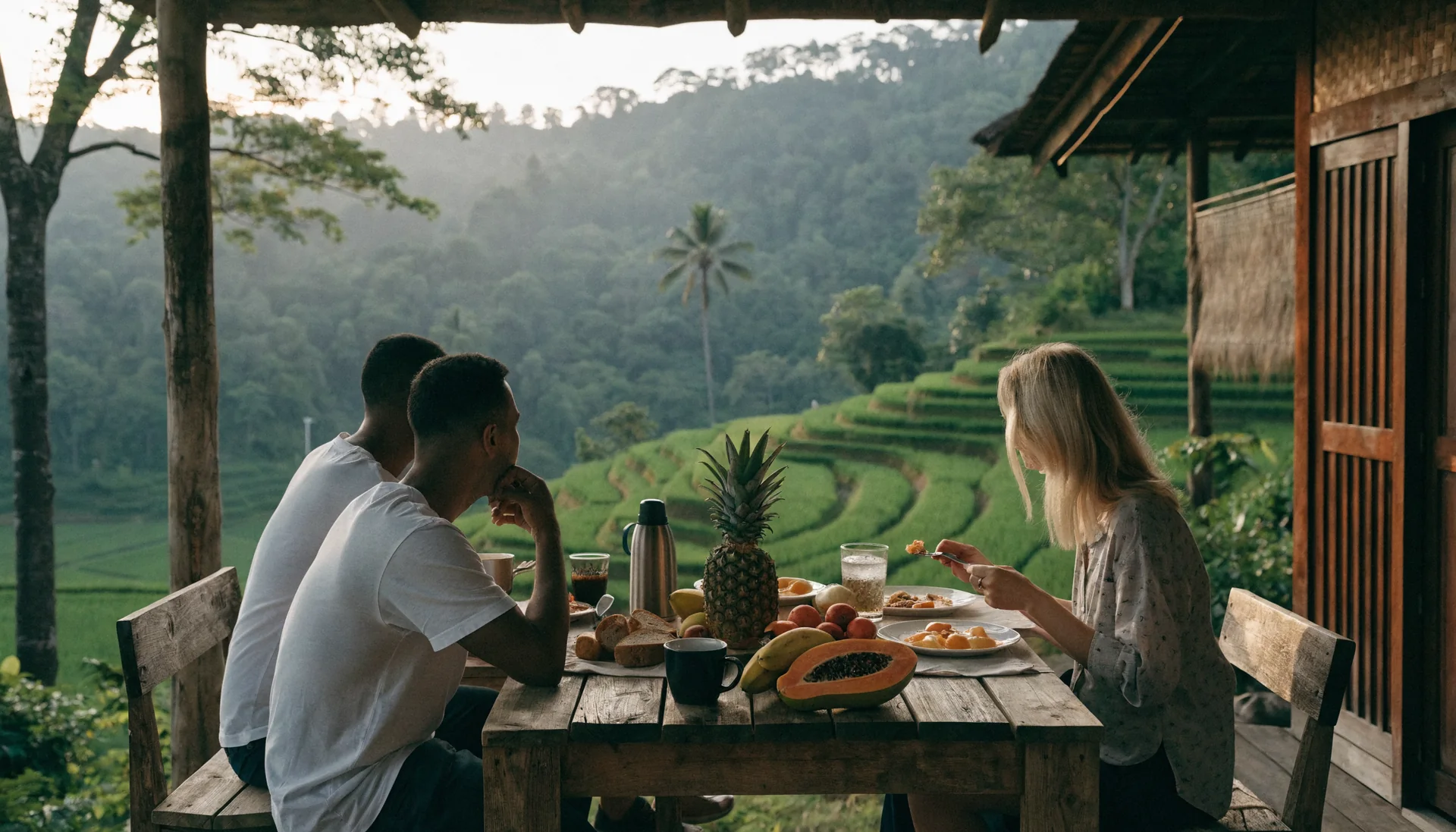 Three friends sharing a healthy breakfast at a tropical Bali table