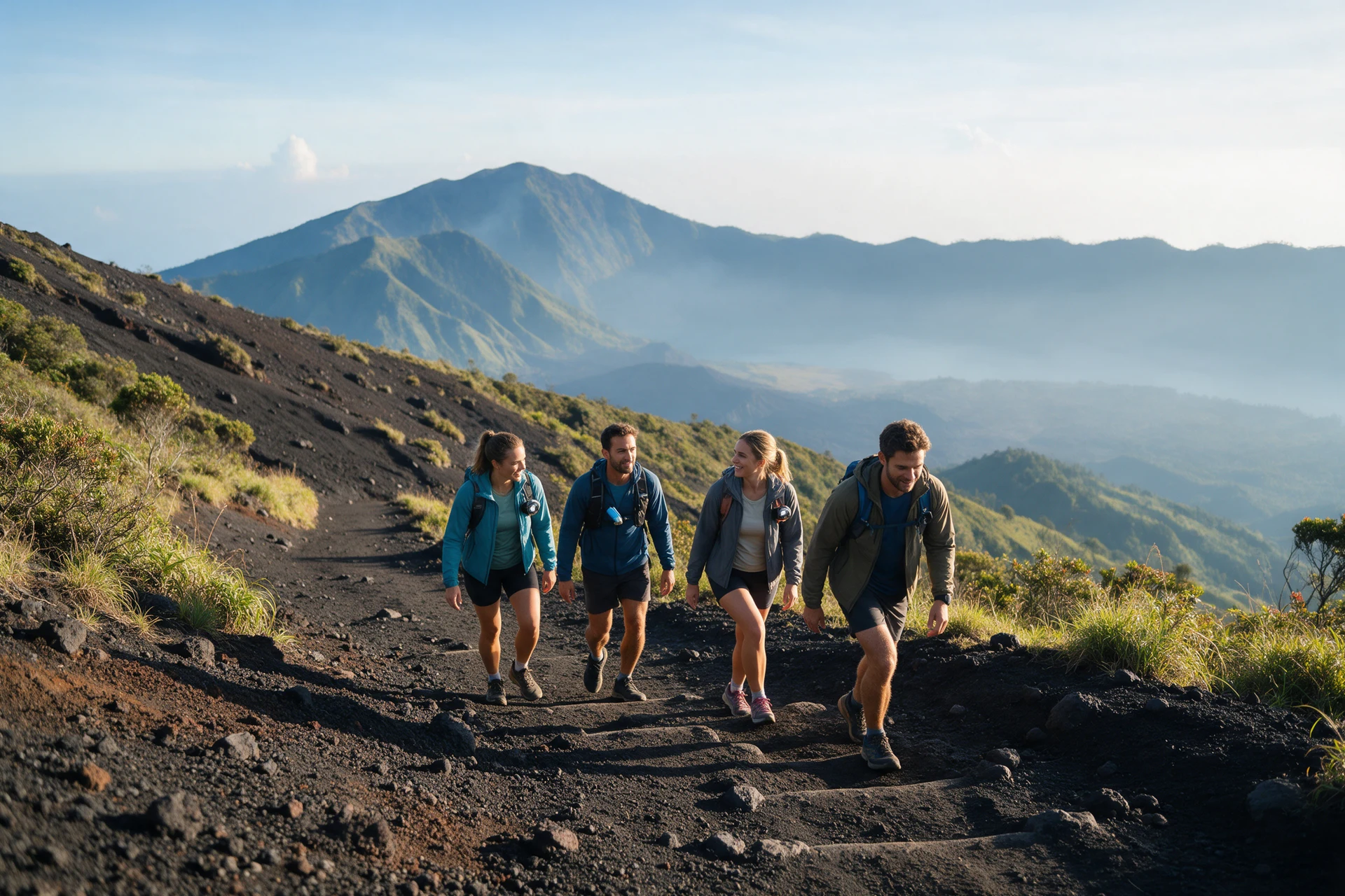 AI-created illustration of four hikers ascending a volcanic trail in a Bali-inspired landscape