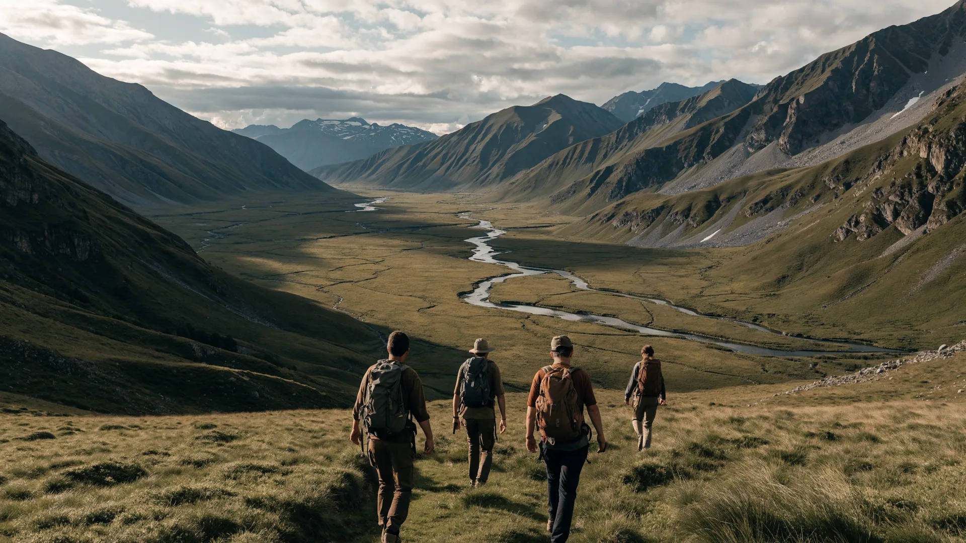 Four hikers entering a vast green mountain valley in Kyrgyzstan