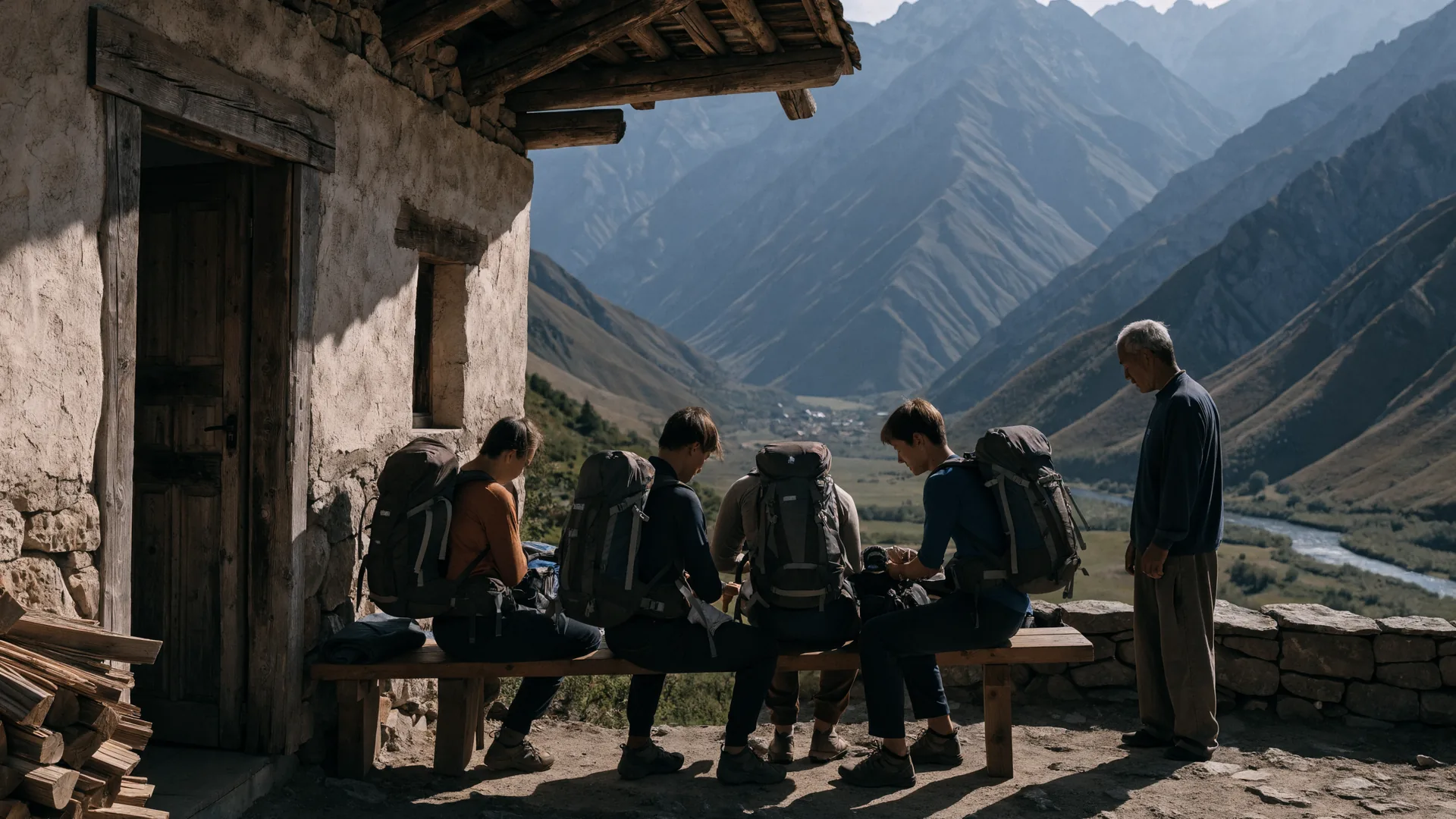 Four hikers checking expedition equipment outside a simple Kyrgyz guesthouse