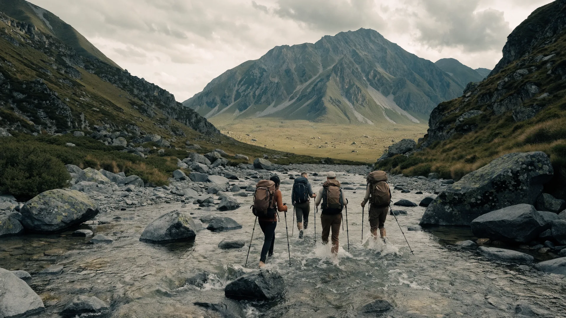 Four hikers crossing a clear mountain river together in Kyrgyzstan