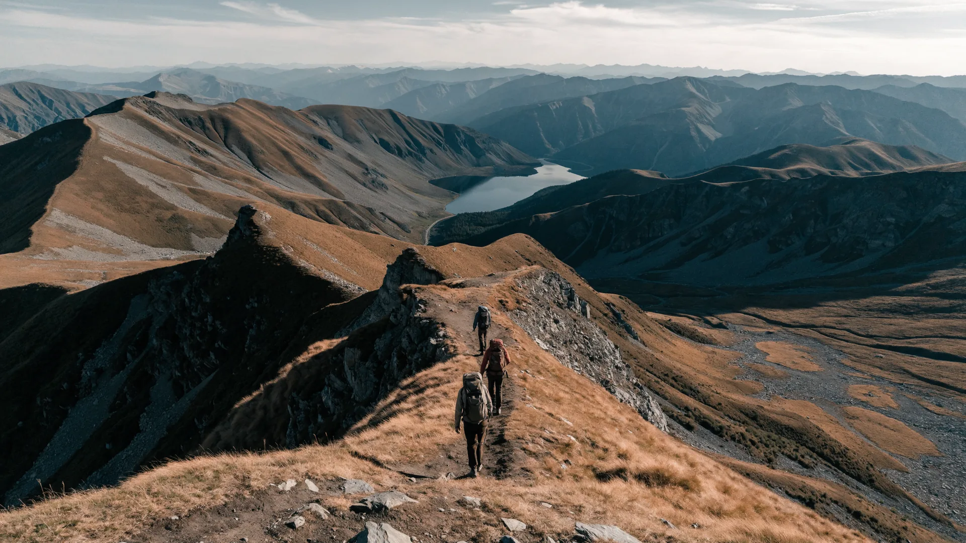Small hiking group traversing a high ridge above a turquoise Kyrgyzstan lake