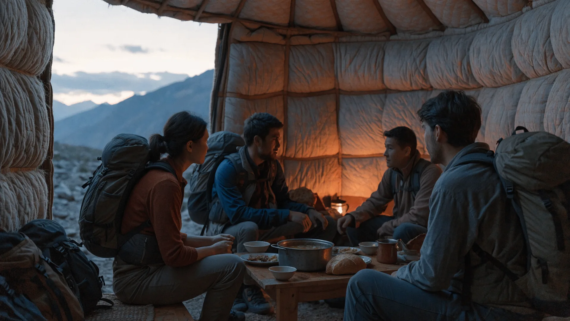 Four hikers sharing a warm meal inside a traditional yurt