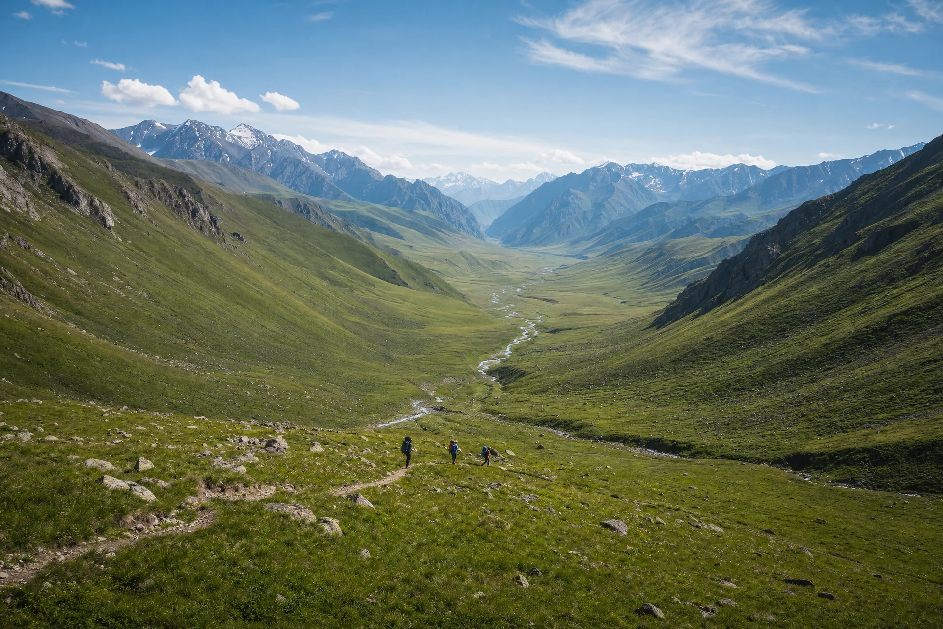 Illustrative aerial view of a vast green mountain valley with a small hiking group