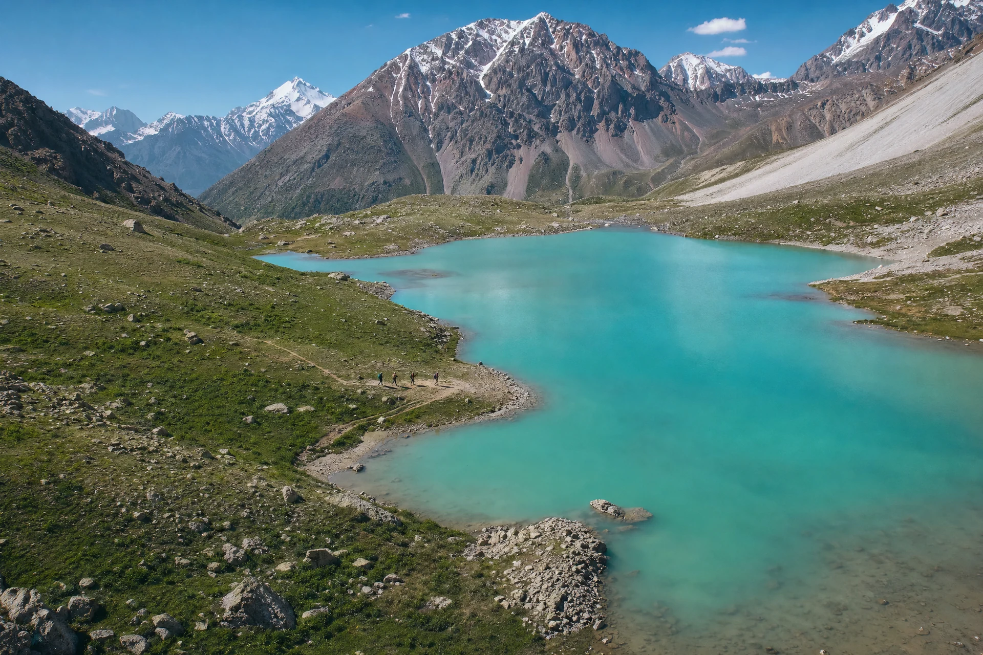 Illustrative aerial view of a turquoise high-altitude lake framed by mountain ridges