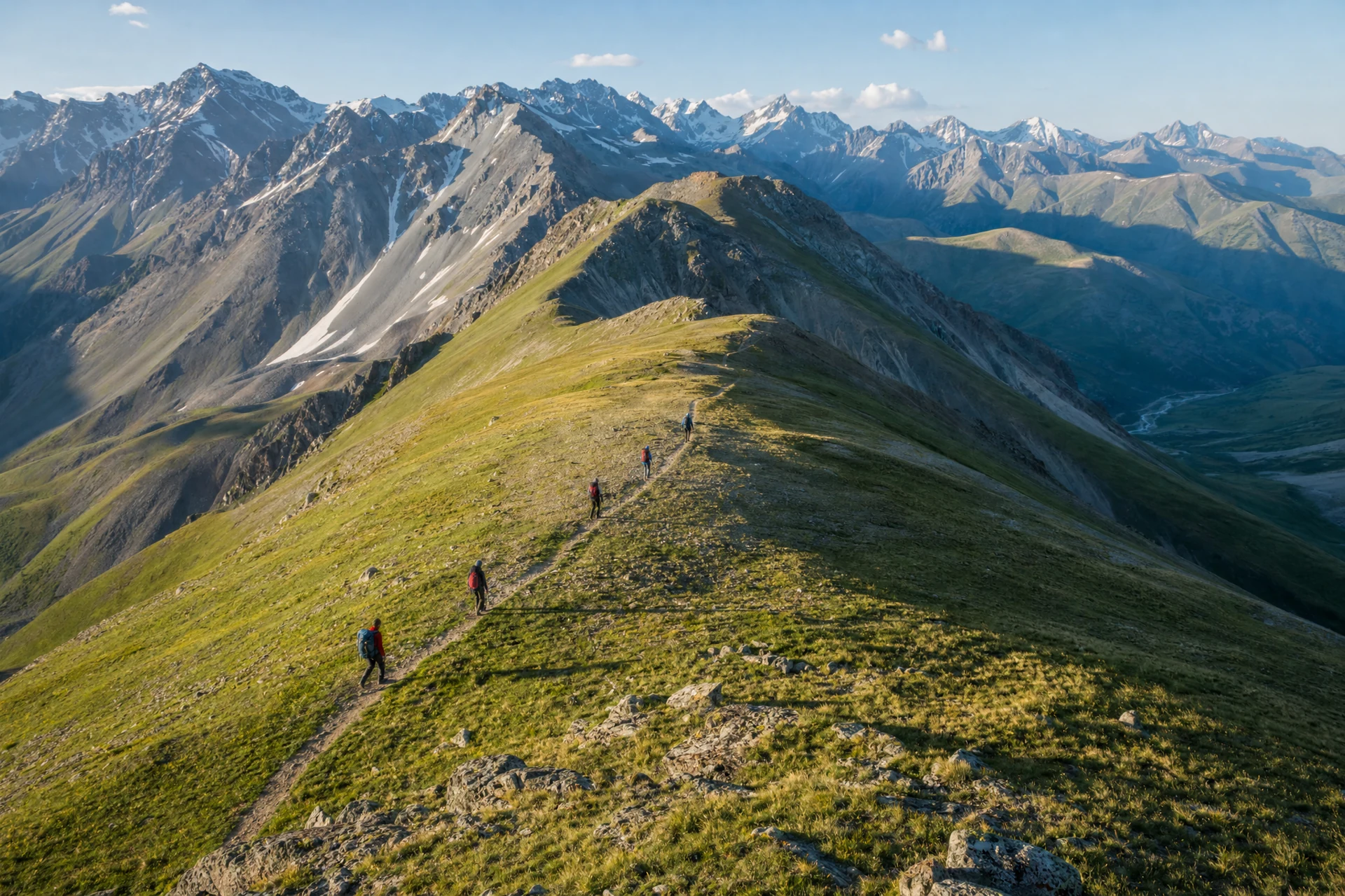 Illustrative view of a tiny hiking group following a sweeping mountain ridge in evening light
