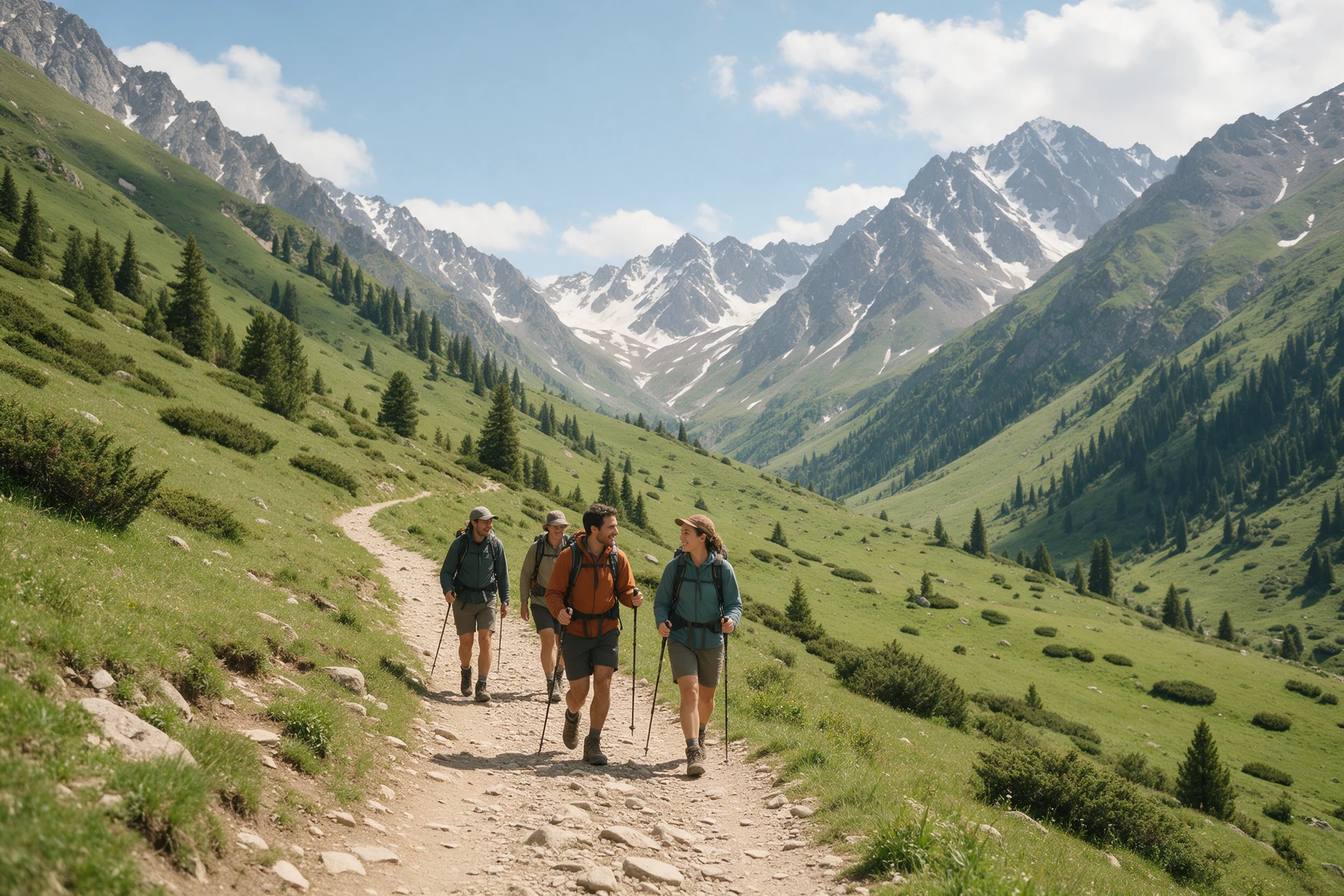 AI-created illustration of four hikers walking together through a green mountain valley inspired by Kyrgyzstan