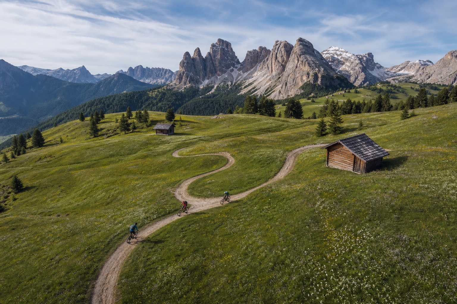 Aerial view of three mountain bikers riding broad switchbacks across a high Dolomites meadow