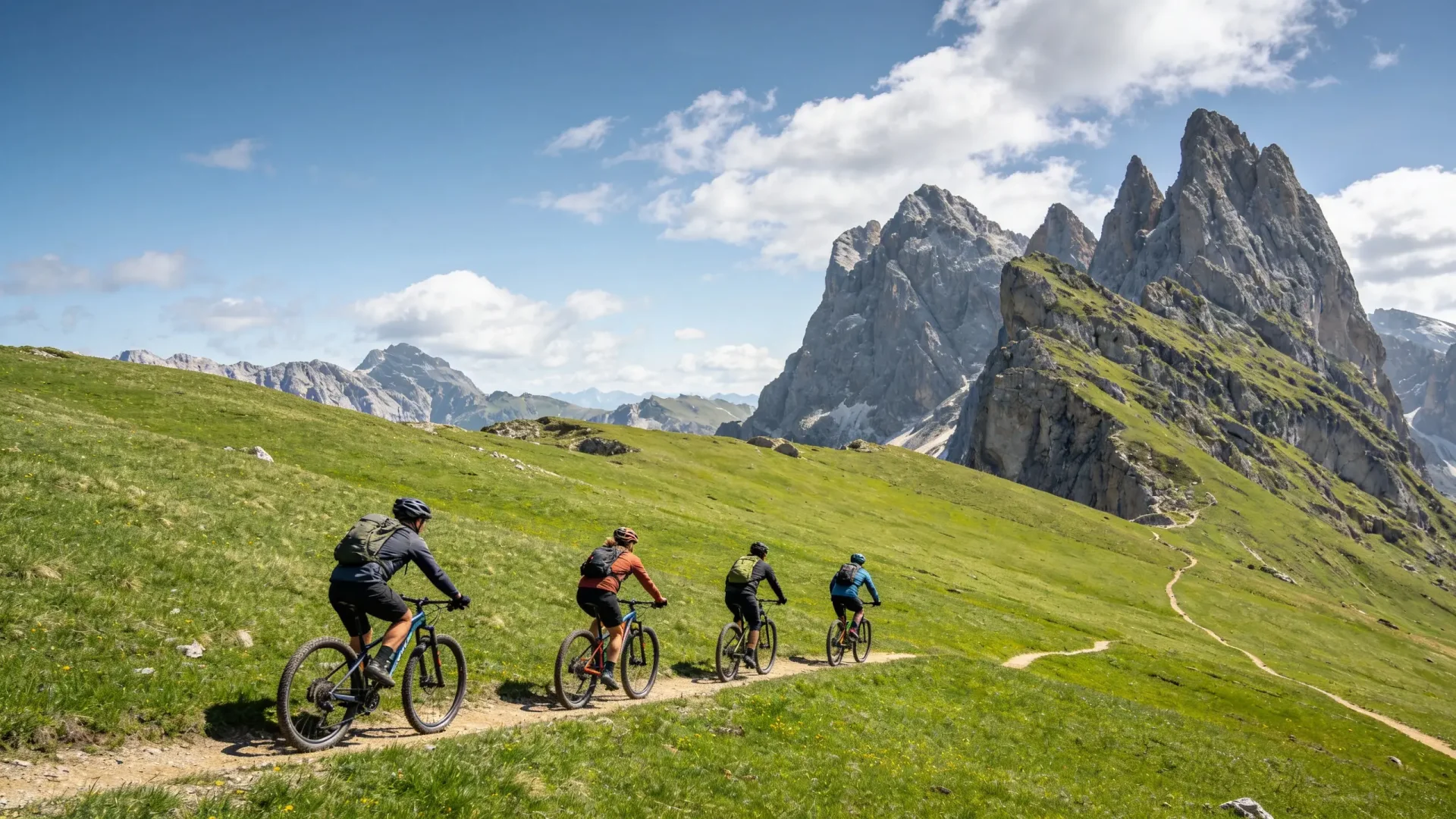 Four riders traversing a green alpine trail beneath the Sassolungo massif