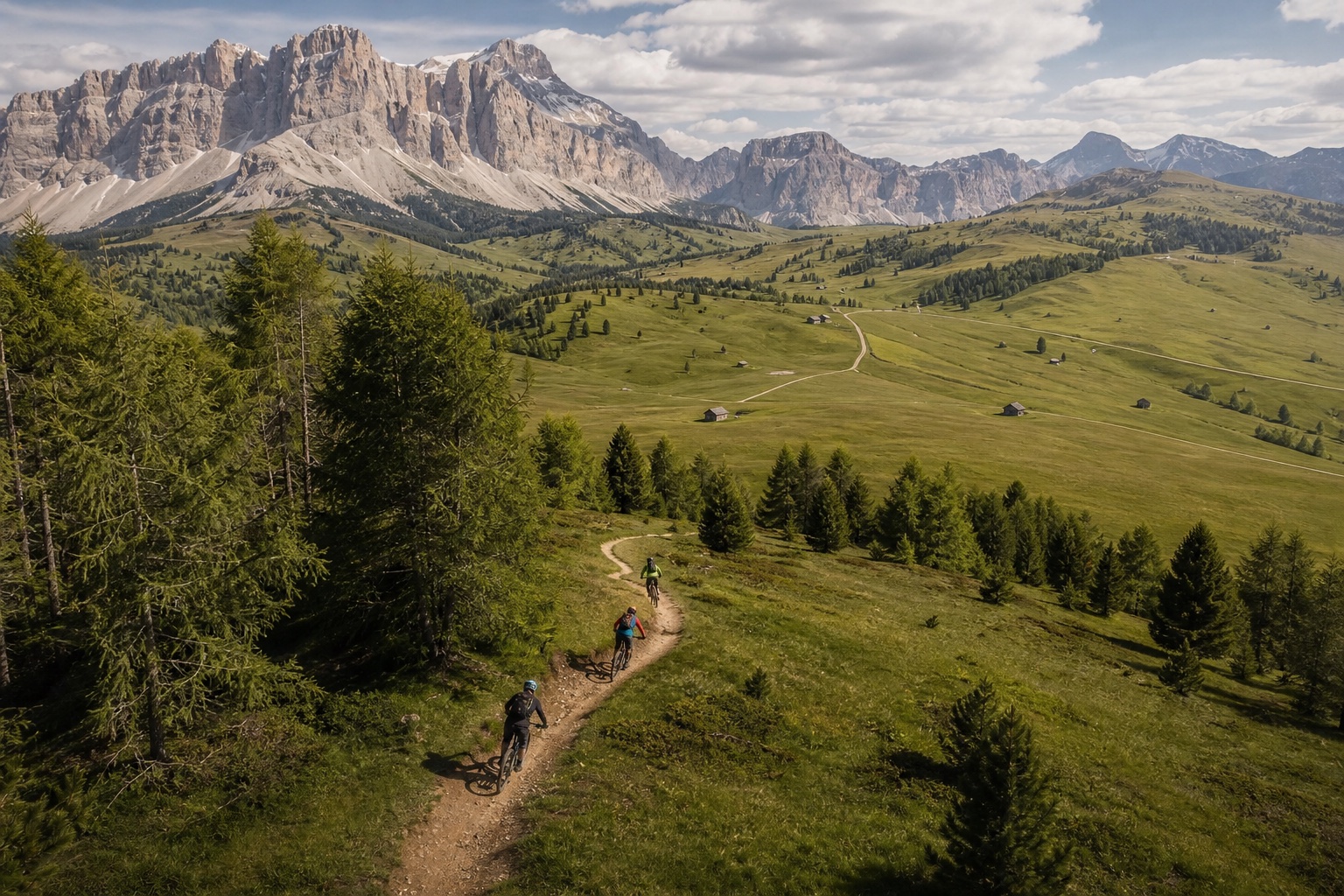 Three mountain bikers descending from a larch forest into a wide Dolomites valley