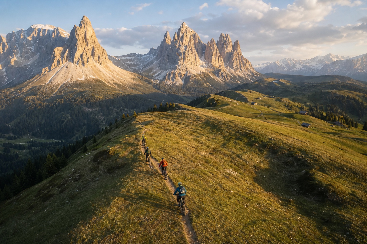 Four mountain bikers traversing a grassy Dolomites ridge in warm evening light