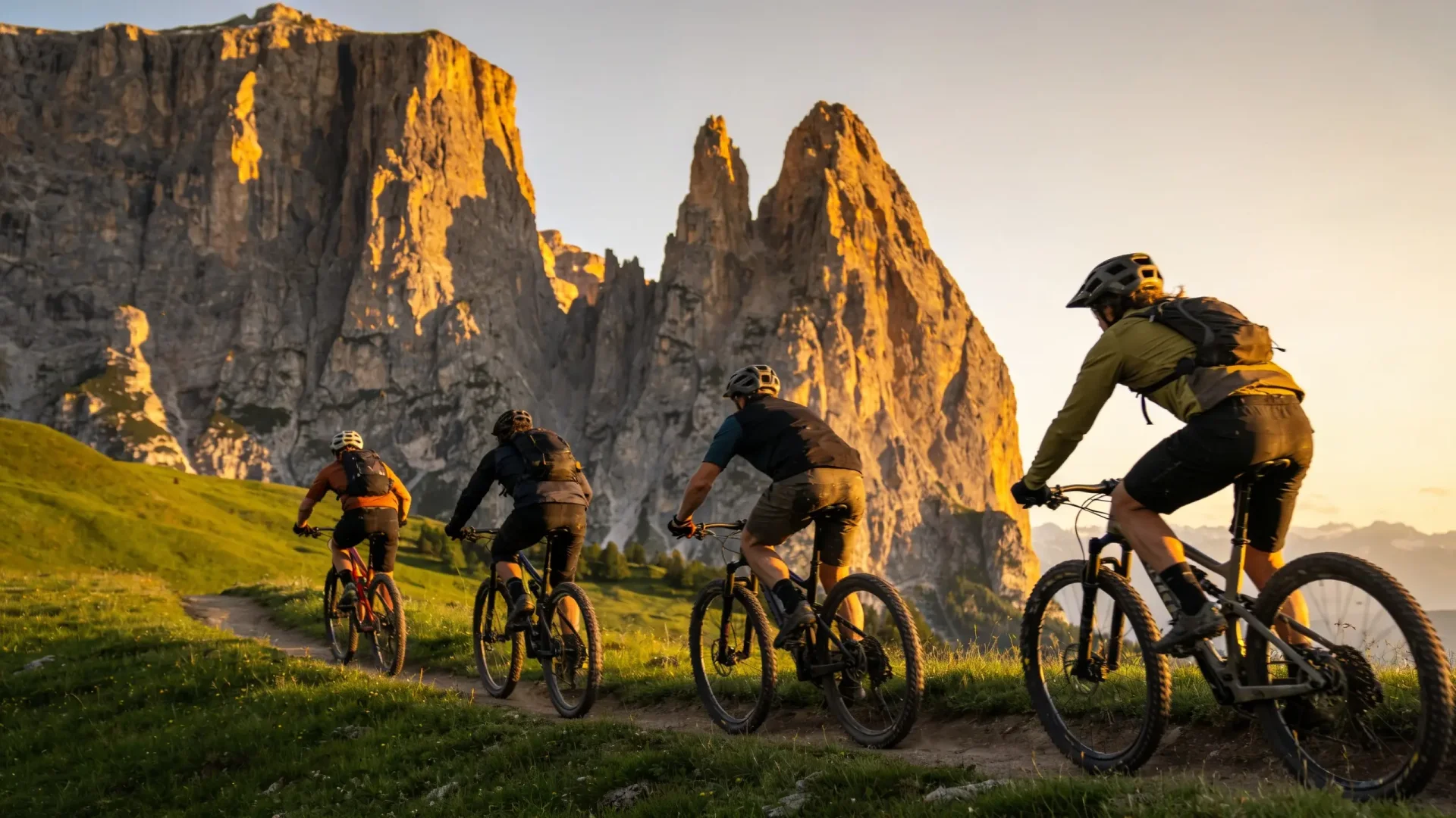Four mountain bikers riding away beneath sunlit Dolomite peaks