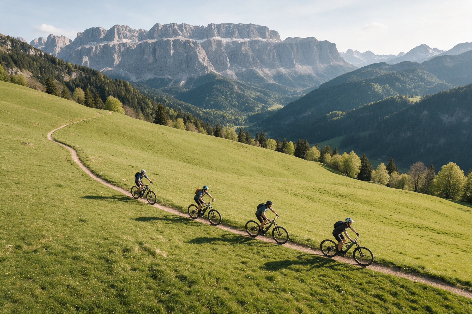 AI-created illustration of four mountain bikers following a meadow trail beneath layered limestone mountains