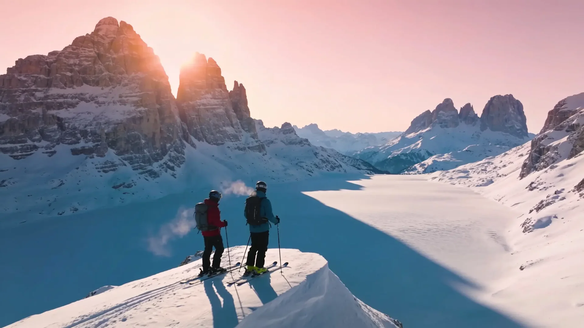 Two skiers watching sunrise over a snow-covered Dolomites valley