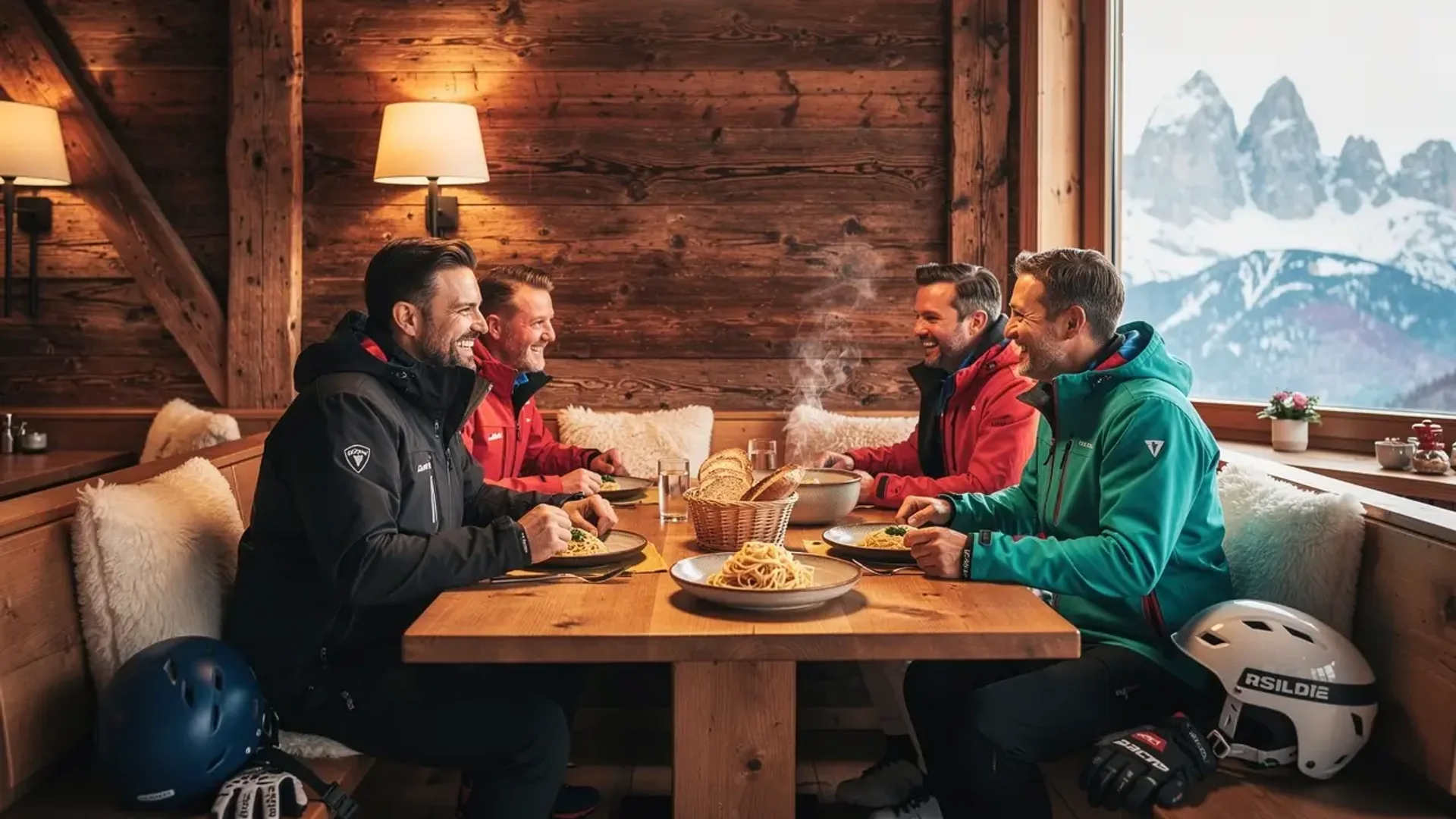 Four skiers sharing a warm lunch inside a wooden mountain hut