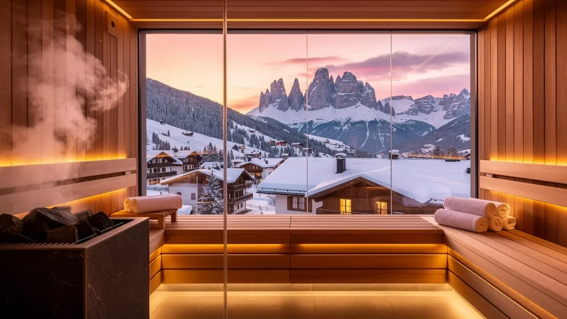 Five-star alpine sauna with panoramic glass facing a mountain village and pink sunset
