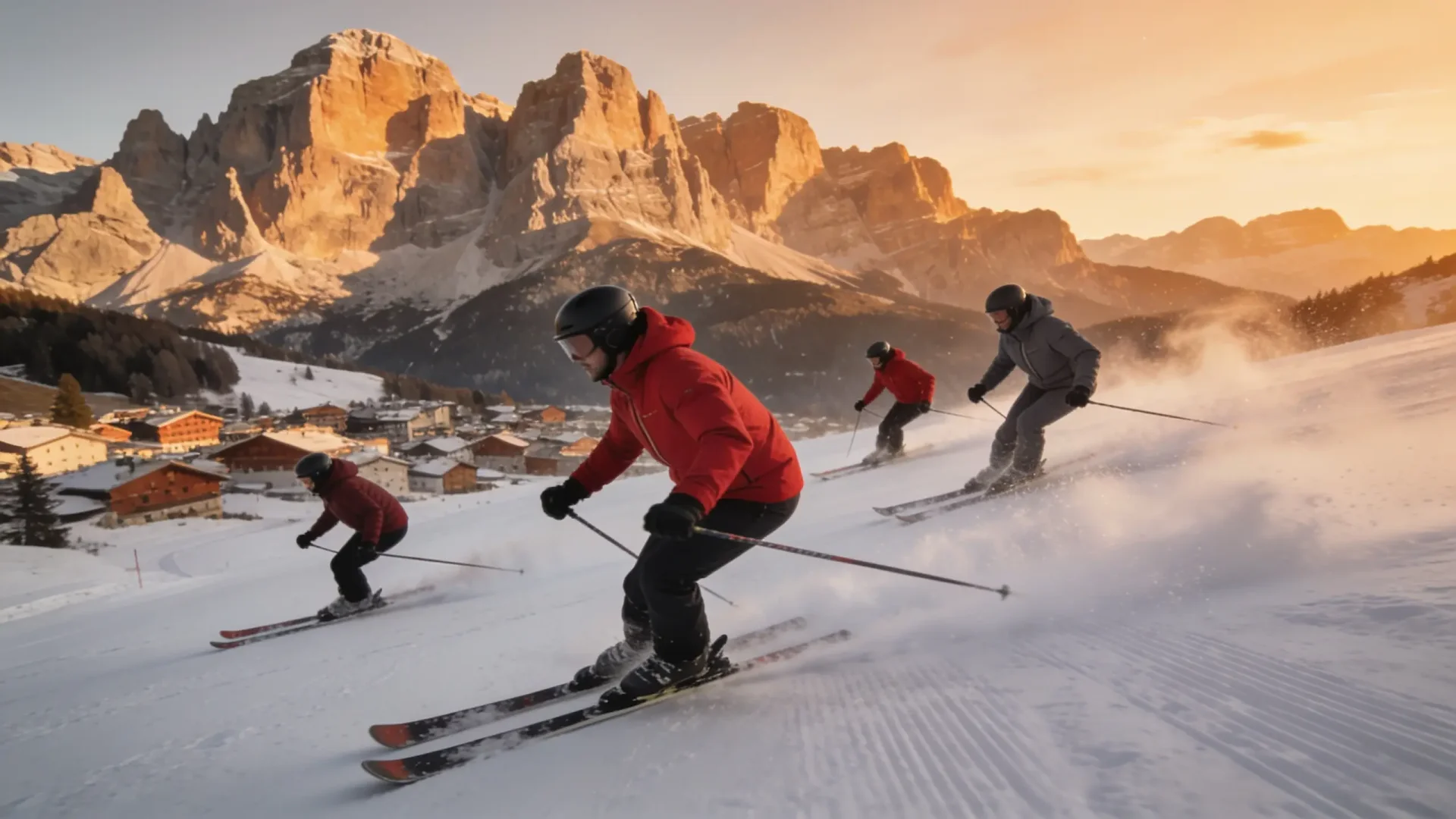 Four skiers carving above Alta Badia with the Sella group on the horizon