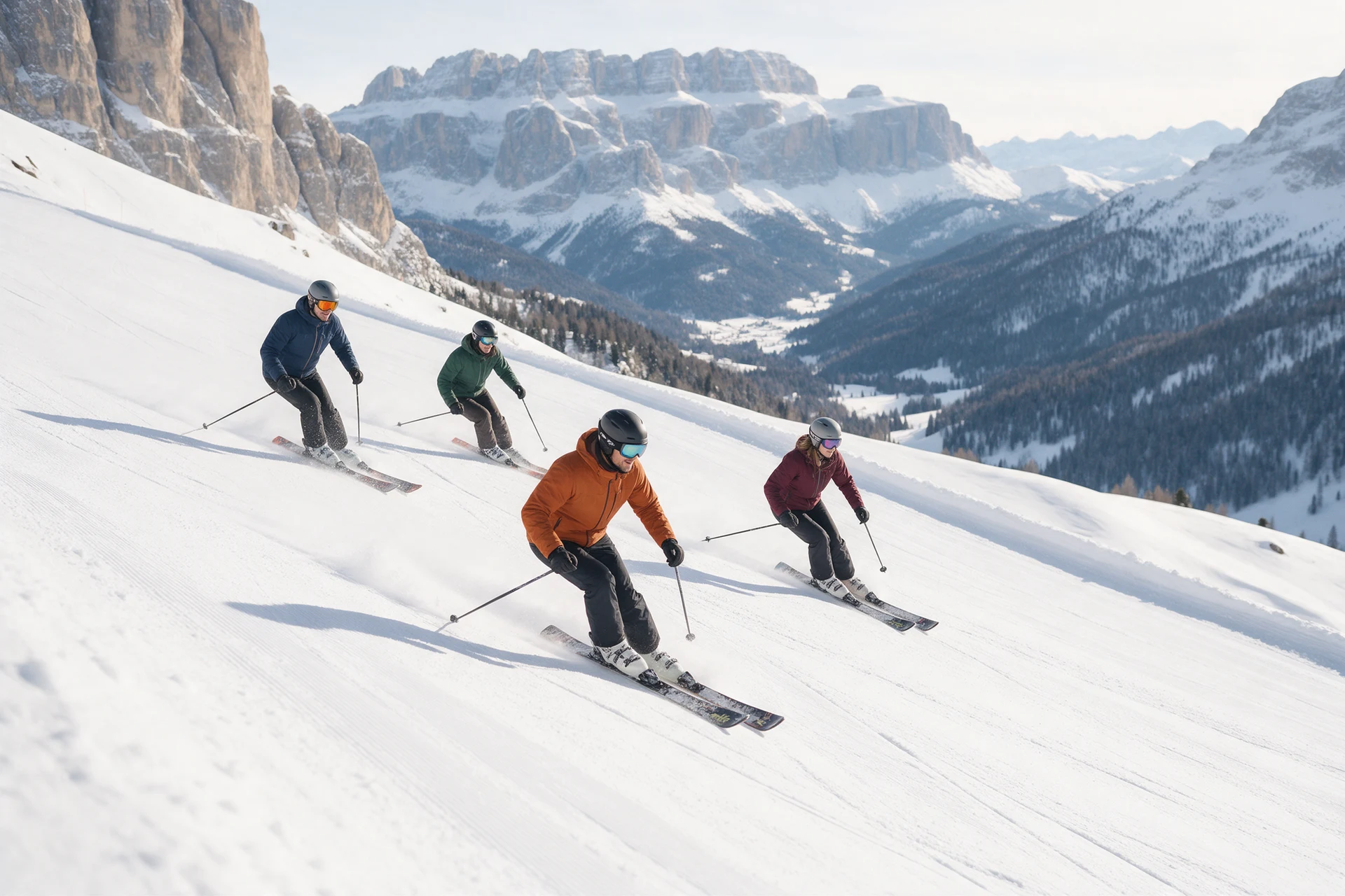 AI-created illustration of four skiers making parallel turns on a broad Dolomites-inspired piste