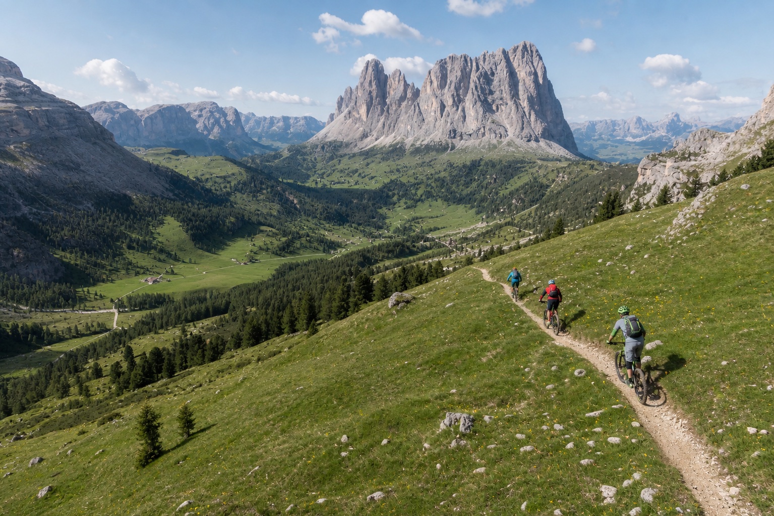 Three mountain bikers following a high contour singletrack above a South Tyrol valley